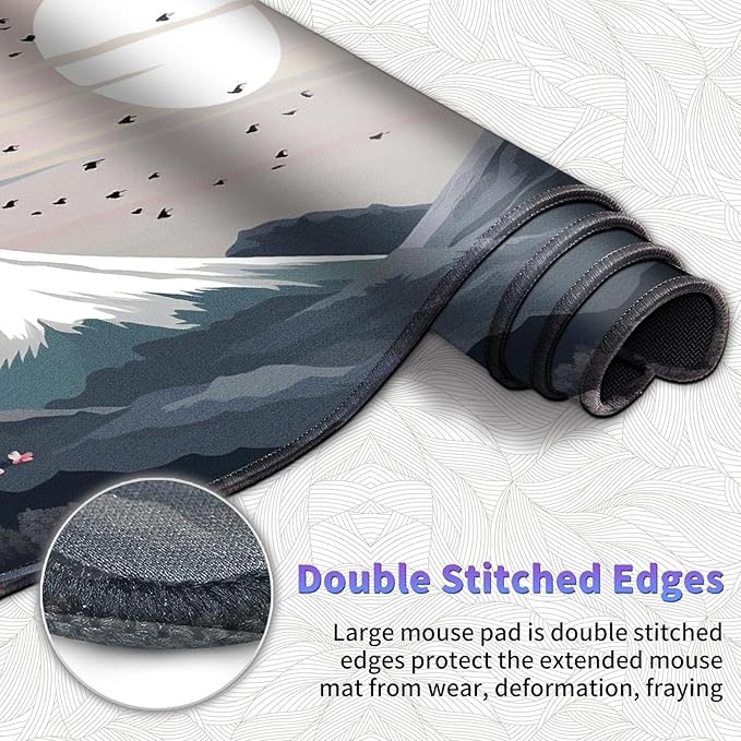 Large Mouse Pad Set Desk Mat + Elbow Rest Pad + Coaster Easy Typing Pain Relief Ergonomic Arm Rest Pad with Memory Foam Extended Desk Pad Anti-Slip Rubber Base for Home Cherry Blossom Mount Fuji