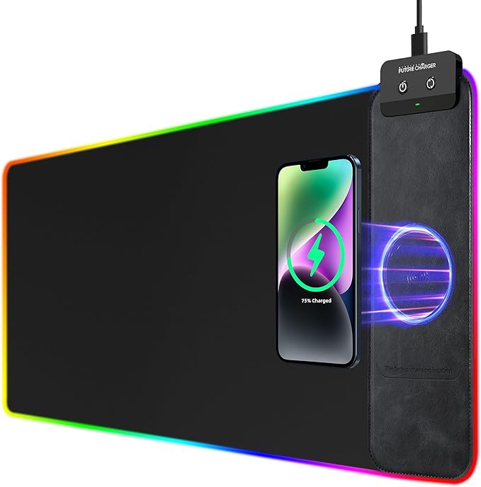 Gaming Mouse Pad Wireless Charging Mouse Pad Gaming 31.5x11.8 Large RGB Desk Mat for Laptop/Computer/Keyboard 9 Light Modes Waterproof Smooth Surface Non-Slip Base Black
