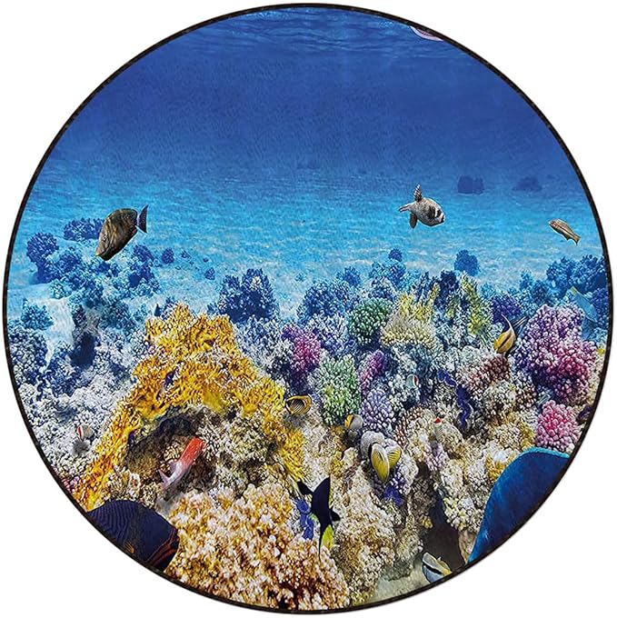 Turquoise Carpeted Floor Anti-Slip Floor Protector Gaming Computer Chair Mat for Office Gaming Underwater Sea World Scene with Goldfish Room Round Chair Mat Ocean Decor Diameter 48 in