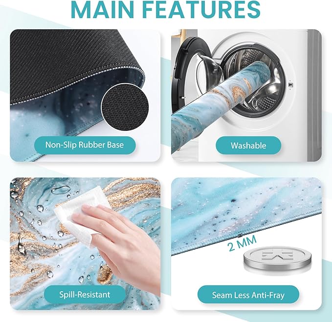 Desk Mat for Keyboard and Mouse Large Mouse Pad with Wrist Rest and Keyboard Pad 4PCS Carpal Tunnel Keyboard Wrist Support Computer Mousepad for Laptop Teal Blue Turquoise Marble