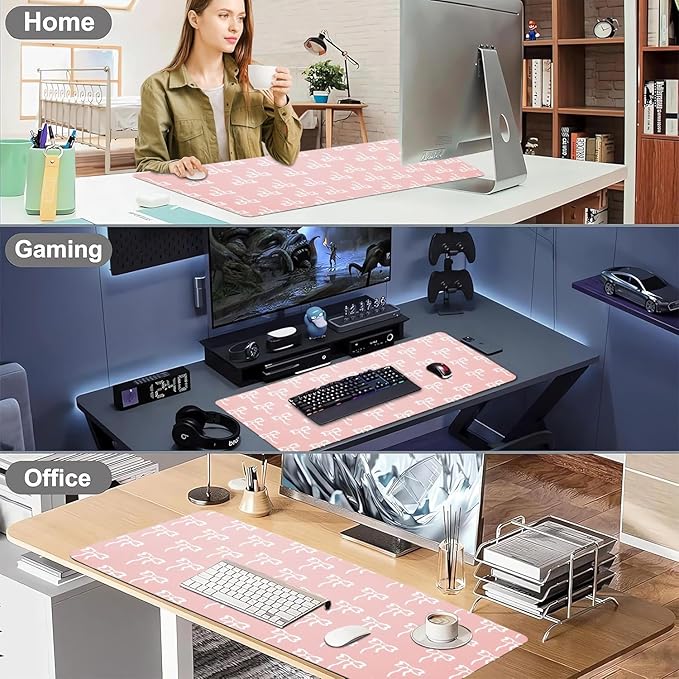Trendy Girl Bow Desk Mat 27.6''X13.8''Cute Kawaii Design Desktop Mat Pu Leather Large Mouse Pad Aesthetic Mousepad Non-Slip Table Mat for Girls Women Office Home Work Computer Game