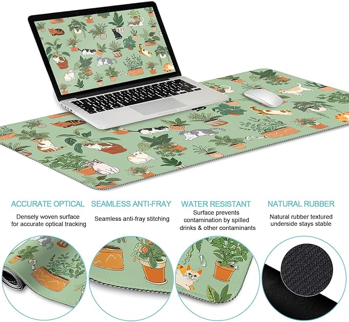 Cat Mouse Pad XXL Desk Mat Set Green Ergonomic Mouse Pad with Wrist Rest Large Gaming Mousepad Wrist Support Keyboard Mat Cup Coaster Set Cute Office Desk Decor Accessories