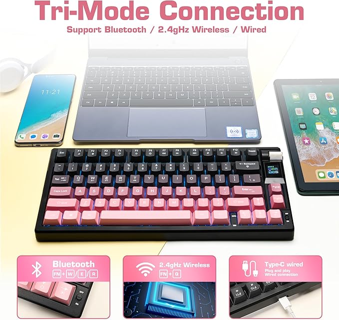 MY-K79 Gradient Wireless Mechanical KeyboardLinear Red Axis Gaming Keyboard with TFT Smart Display&ampKnobHot Swappable Gasket Mount 75% Layout with KnobRGB Backlit Bluetooth/2.4G/USB-C (Gray)