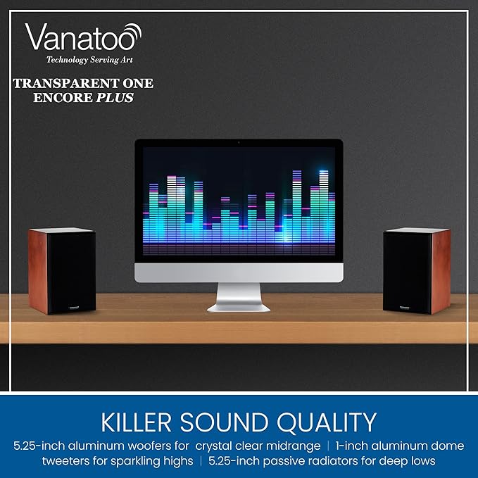 Vanatoo Black Transparent One Encore Plus Near Field Studio Monitor Speakers Pair for TV PC Gaming. Powered Speakers for Desktop and Room. AUX USB Bluetooth Toslink Optical Coax Remote.