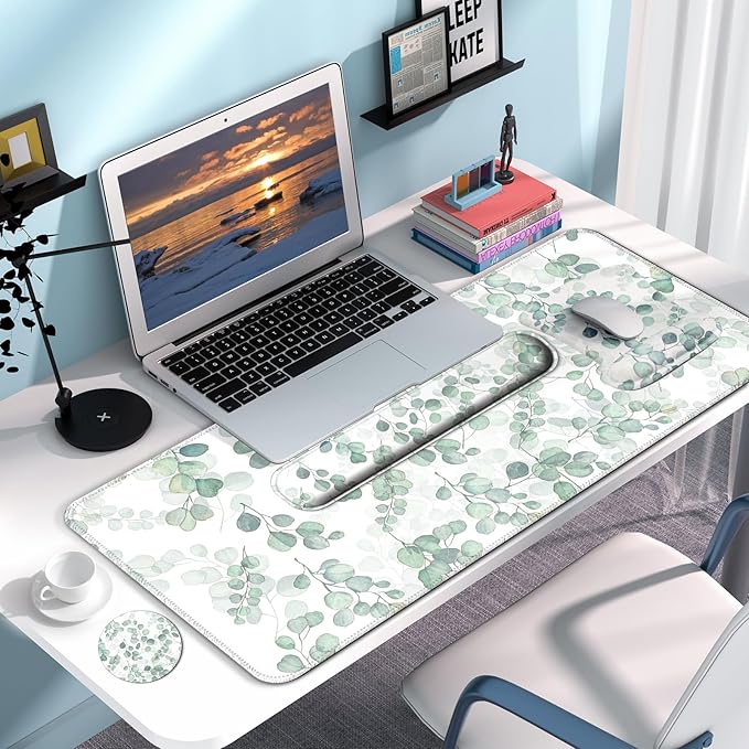Desk Mat Set + Keyboard and Mouse Pad with Wrist Rest Support4-in-1 Large Mousepad Computer Mats for Desktop Home &amp Office -Eucalyptus