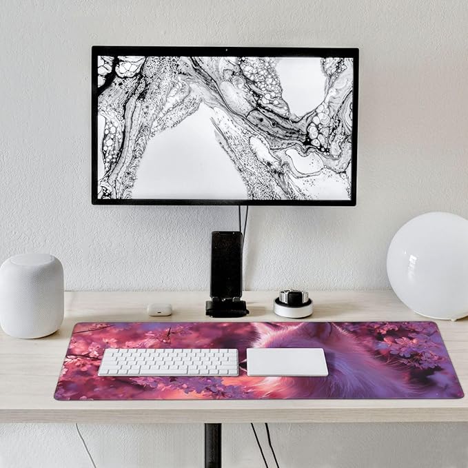 Cherry Blossom White Fox Gaming Mouse Pad Non-Slip Rubber Base 2XL Mousepad with Stitched EdgesWaterproof Washable Mouse Mat for Desk Home Office Gaming 16x35.5in