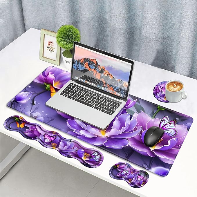 4 in 1 Ergonomic Memory Foam Mouse Pad Wrist Rest Set Large XXL Gaming Desk Pad + Keyboard Wrist Rest + Mouse Wrist Cushion + Coaster for Home Office Study Gaming Purple Flowers and Butterfly
