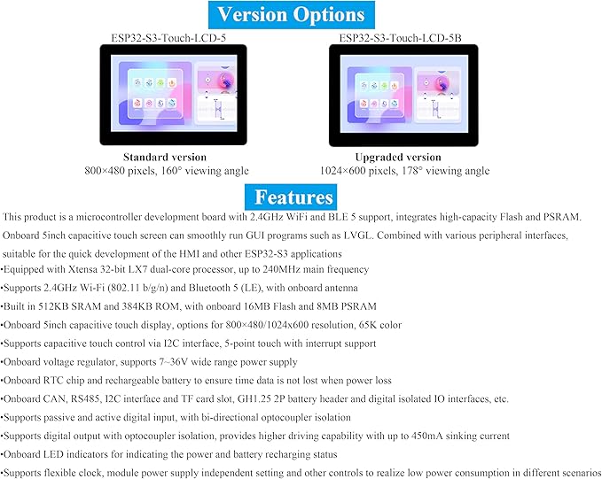 ESP32-S3 5inch Capacitive Touch Screen Development Board 5-Point Touch LCD Display 1024 x 600 Pixel 32-Bit LX7 Dual-Core Processor Support W-i-F-i&ampB L E with Onboard Antenna (Upgraded Ver )