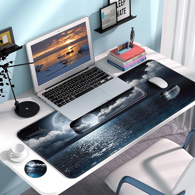 Keyboard Wrist Rest + Mouse Pad with Wrist Support + Desk Mat + Coaster 4 in 1 Set XXL Large Gaming Mousepad Cute Ergonomic Mouse Pads for Desk Computer Laptop Office Decor-Moon Ocean
