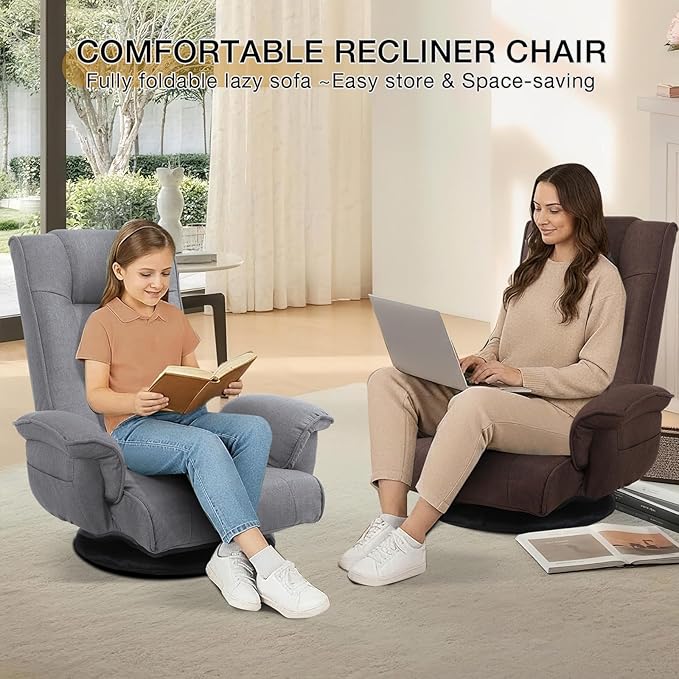 Linen Fabric Ergonomic Gaming Chair 6-Position Reclining Sofa Bed with Lumbar Support Foldable Floor Lounger with Thick Cushion Armrests &amp Side Pockets for Esports Reading Napping (Brown)