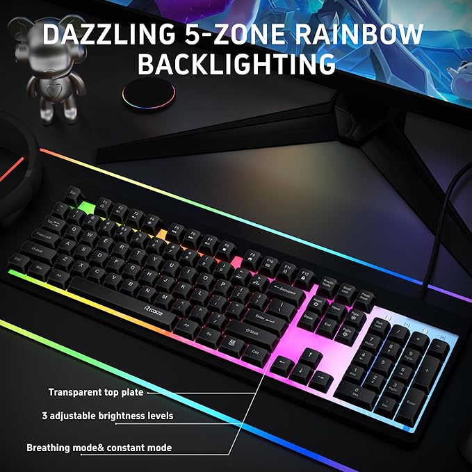 RECCAZR Rainbow LED Backlit Gaming Keyboard104 Full-Size Mechanical Feeling Multimedia PC Gaming Keyboard Anti-GhostingSpill-Resistant for PC and Office Device