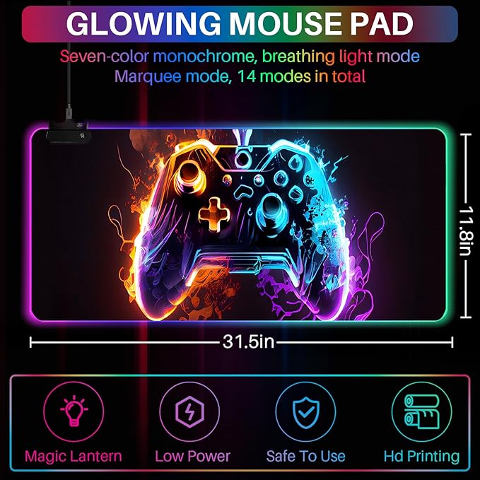 XL RGB Gaming Mouse Pad with 14 Light Modes - Light Up Gamer Mouse Pad31.5 x 11.8in Non-Slip Gamepad Style Led Large Gamer MousepadBlack Long Glowing Gaming Accessories for Desk Waterproof