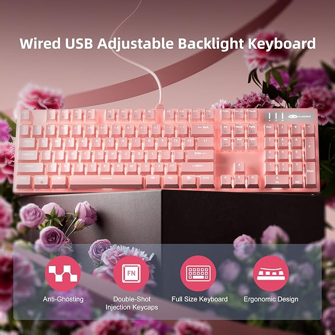 MageGee Pink Gaming Keyboard USB Wired Keyboard New Mechanical Storm Adjustable Backlight Keyboards Splash-Proof Ideal for PC/Laptop/MAC Game(Pink)