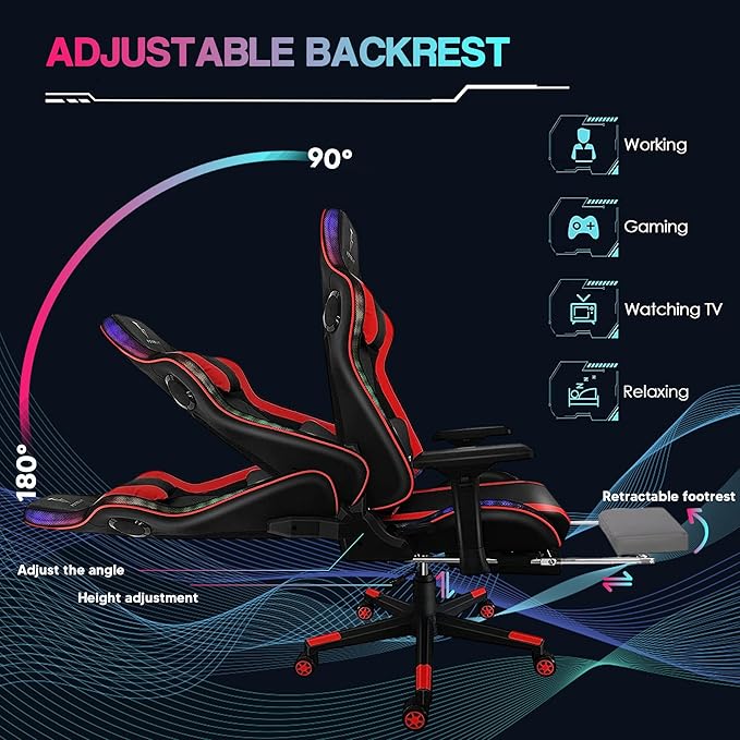 XOOFMASS Massage Gaming Chair with Speakers and RGB LED Lights Ergonomic Computer Gaming Chair with Footrest Music Video Game Chair High Back with Lumbar Support Swivel &amp Adjustable &amp PU Leath