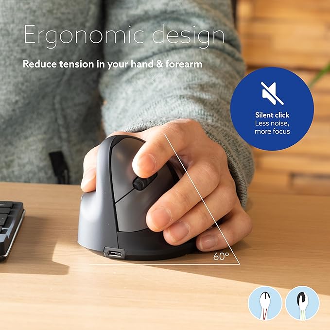 R-Go HE Ergonomic Mouse for Left Hand Bluetooth 5.0 Silent Click Vertical Design with Break Software Anti Carpal Tunnel Rechargeable Wireless Mouse for Windows/Mac Customisable Buttons Black