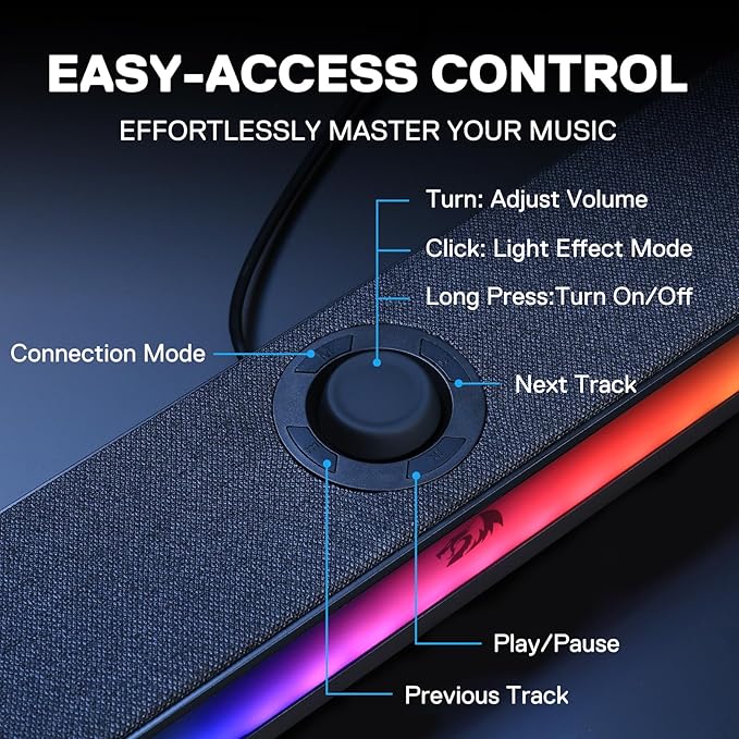 Redragon GS515 RGB Desktop Soundbar 2.0 Channel Stereo Computer Speakers for Desktop with BT 5.3 USB-C/USB Powered Black