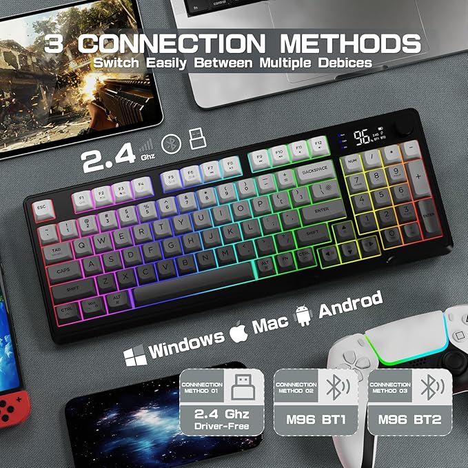 LexonElec M96 Wireless Keyboard Low Profile Quiet Typing Membrane Gaming Keyboard with Smart Display &amp Knob RGB Backlit USB C Rechargeable 94 Keys PBT Keycap for Windows PCMacLinux-Moonlit N