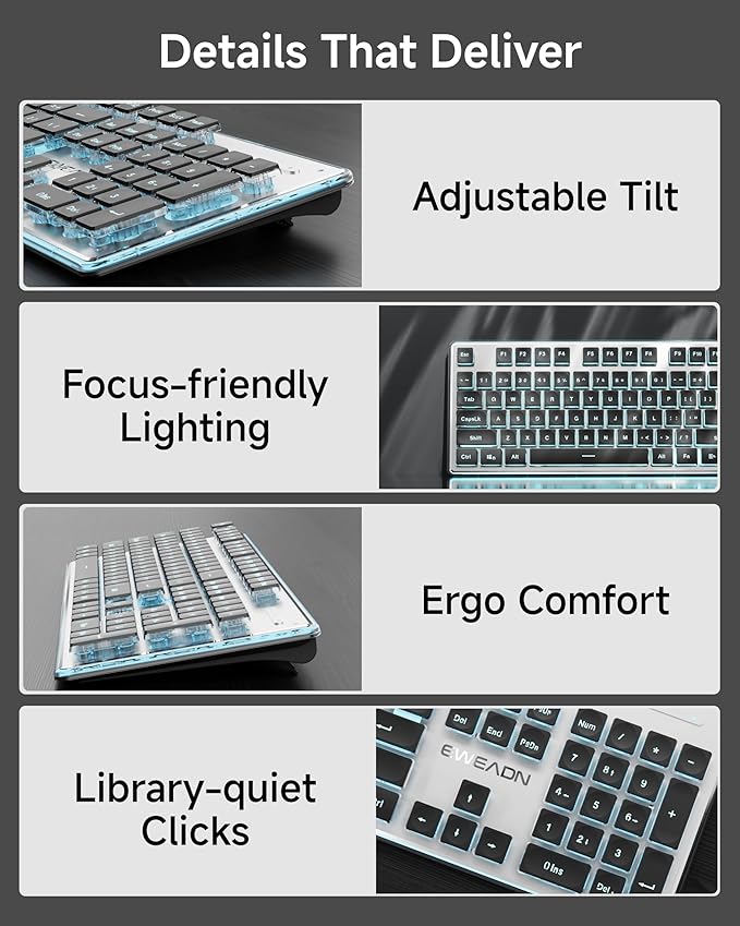 EWEADN V3 Wireless Keyboard and Mouse with Blue Backlit Metal Panel Bluetooth/2.4G Rechargeable Computer Keyboard and Mouse Combo Silent Lighted Full Size Cordless Keyboards-Black