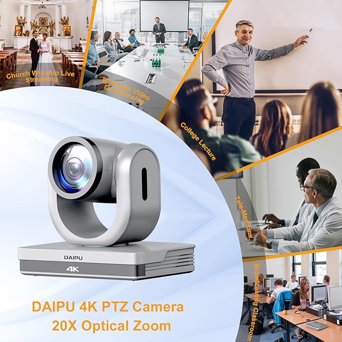 PTZ Camera 4K 20X Optical Zoom Conference Room Camera HDMI USB3.0 SDI LAN PoE 1/2.8 8.51 MP CMOS Sensor AI Auto Tracking 255 Presets for Church Worship Live Streaming Business Video Conference