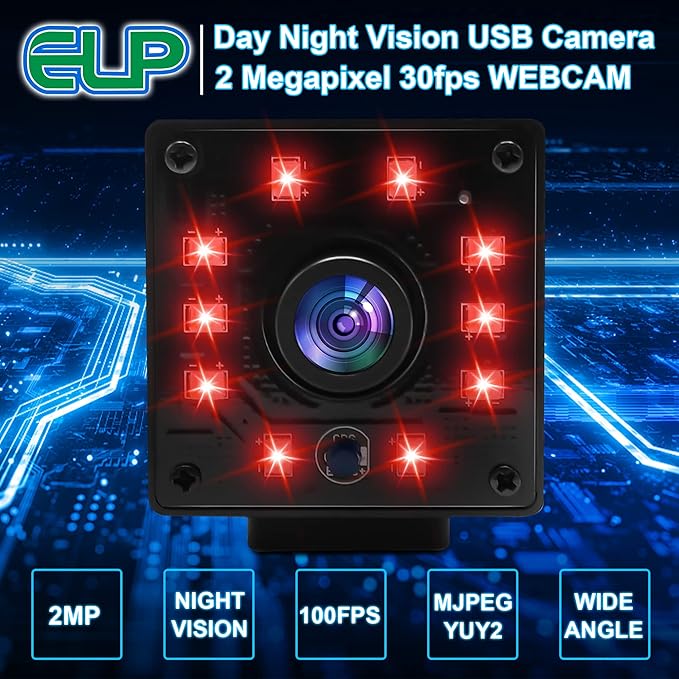 USB Camera 100fps Night Vision WebcamFull HD 1080P Web Cam with IR Cut and 10pcs Led Board LightsDay Nights Webcameras2mp Web Cameras for Most OS (3.6mm lens webcam with IR LED board)