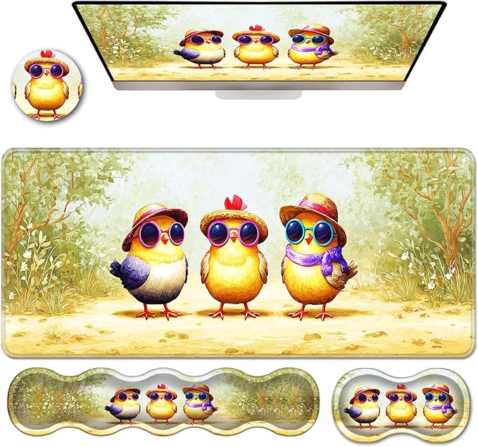 Ergonomic Keyboard Wrist Rest &amp Mouse Pad Wrist Rest SetXL Gaming Desk Mat 31.5x 11.8Non-Slip BaseMemory FoamEasy Typing Pain Relief for Office &amp HomeCute Chickens with Hats
