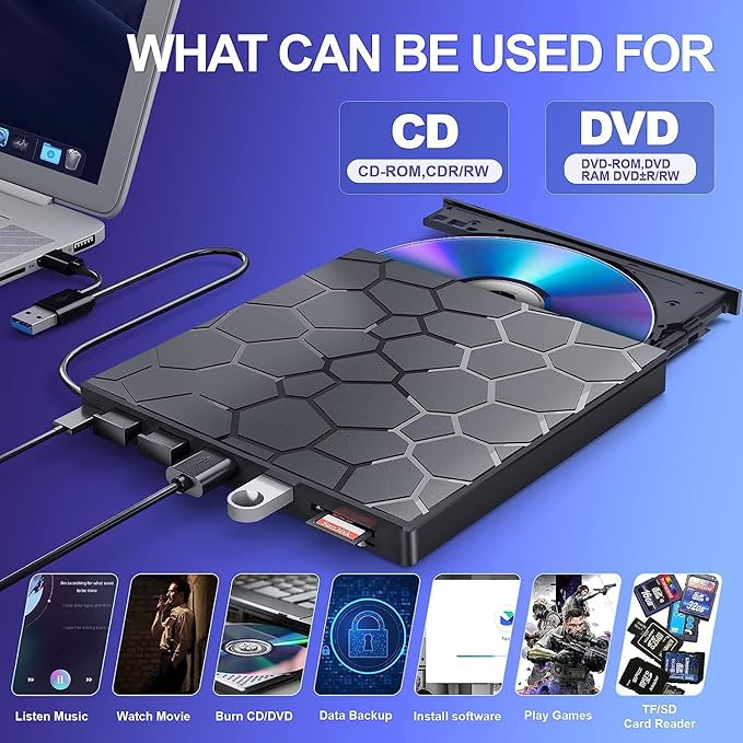 External CD/DVD Drive for Laptop DVD Player for Laptop with Carrying Case 8 in 1 USB 3.0 Ultra-Slim Portable CD Burner External Optical Compatible with Desktop MacWindows 11/10/8/7