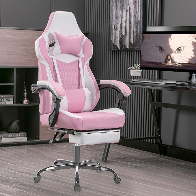 Pink Gaming Chairs with Footrest PVC Leather Video Game Chair for Adults Ergonomic Gaming Chair with Headrest &amp Lumbar Support Reclining Gamer Chairs with Adjustable Backrest (Pink)