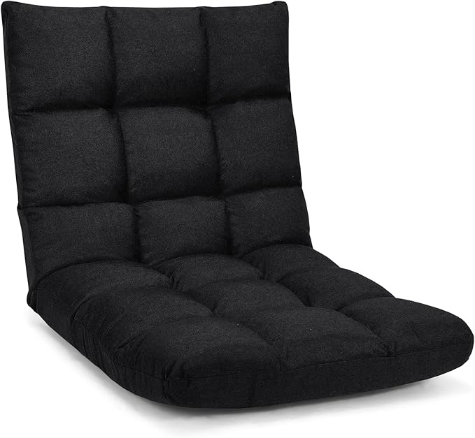 Giantex Adjustable Floor Gaming Sofa Chair 14-Position Cushioned Folding Lazy Recliner High Resilience Sponge Breathable Cotton &amp Linen Fabric Sleeper Bed Couch Recliner with Removable Cover (Bla