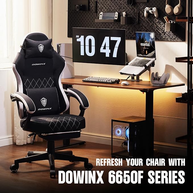 Dowinx Fabric Gaming Chair Ergonomic Computer Chair with Footrest and Pocket Spring Cushion Height Adjustable Video Gamer Chair with Lumbar Support for Adults Black