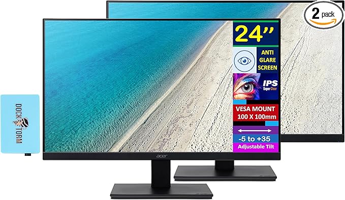 acer 24 FHD IPS Monitor with 4 ms Response Time Anti-Glare Adaptive Sync Integrated Speakers VESA Mount (100mm) &amp Dockztorm USB Port Expander HDMI Black Color (2-Pack)