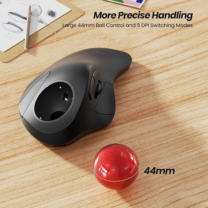 Nulea Wireless Ergonomic Trackball Mouse Rechargeable Bluetooth Rollerball Mouse 44mm Index Finger Trackball 5 Adjustable DPI Compatible with PC Laptop Mac