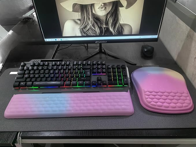 Keyboard Wrist Rest -Ergonomic Keyboard Stand with Wrist Rest- with Carpal Tunnel Pain Relief Massage Bumps and Full Memory Gel Design - Ideal Frequent Computer (Rainbow Color)