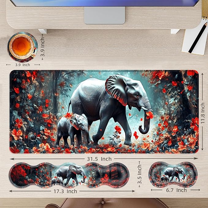 Large Mouse Pad and Keyboard Wrist Rest Desk Pad for Keyboard and Mouse 4-in-1 Large Gaming Mouse Pad with Wrist Support Desk Mat for Home Office Study GameFloral Elephant