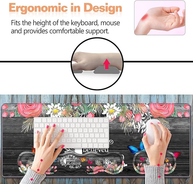 Ergonomic Keyboard Wrist Rest and Mouse Pad Wrist Rest Set Large XXL Gaming Desk Mat 31.5x 11.8Non-Slip Base Memory FoamEasy Typing Pain Relief Floral Quote She Believed She Could So She Did