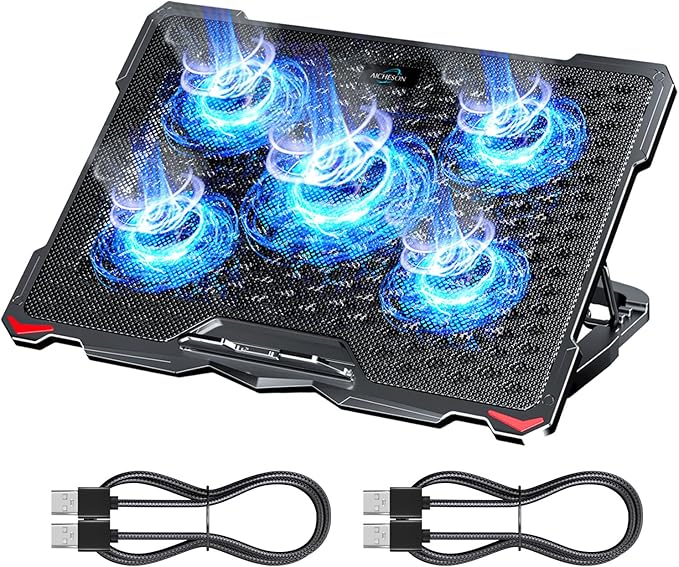 AICHESON S035 5 Fans Blue Light Laptop Cooling Pad and 2 Pack Type A Male to Type A Male Cable Combination Set