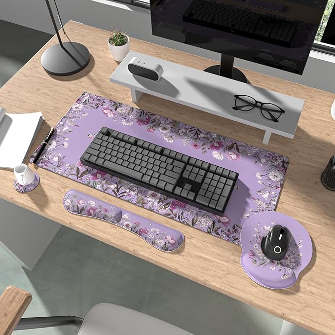 Ovenbird Mouse Pad Set 4-in-1 | Large Gaming Mousepad Keyboard Wrist Rest Mouse Wrist Support Coaster | Ergonomic Office Desk Mat Accessories for Women Men | 4PCS 35.4 x 15.7in Purple Floral