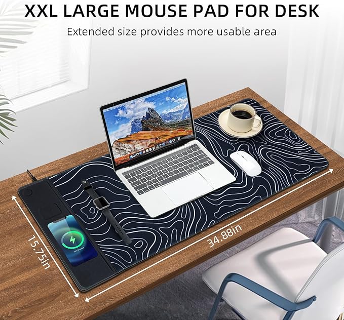 3 in 1 Wireless Charging Mouse Pad Gift for Dad/Office ManagerWireless Charger Compitable with iPhone/Watch/airpods. Wireless Charging Desk Mat 90 x 40cmBlack Topographic Computer Desk Pad