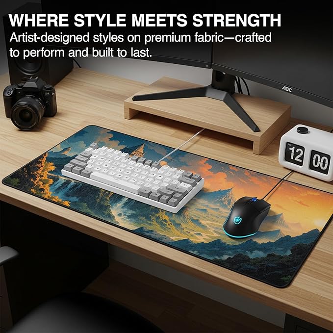 MPCO. Dark Fantasy Large Gaming Desk Pad - 36 x 17 Duraglyde Fabric Spring Castle Desk Mats - Non-slip Washable Smooth Glide for Precision Gaming &amp Work