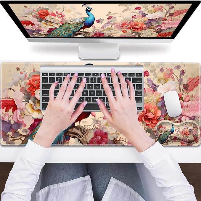 Large Gaming Mouse Pad + Wrist Rest + Lace Coaster Non-Slip Set with Sewn Edges and Waterproof Expandable Desktop Pad Suitable for Office/Home Peacock and Flowers