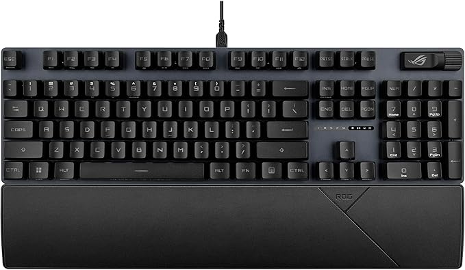 ASUS ROG Strix Scope II Gaming Keyboard pre-lubed ROG RX Red Linear Optical switches Sound-dampening Foam PBT doubleshot keycaps Streaming hotkeys Multi-Function Controls Wrist Rest