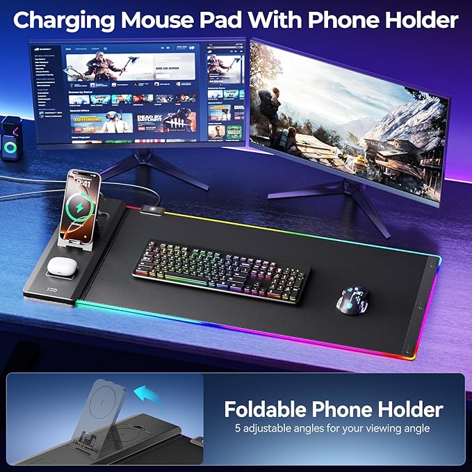 KDD Mouse Pad with Foldable Phone Holder - Wireless Charging Desk Mat 15W Fast - RGB Gaming Mousepad with Ultra-Smooth Surface Non-Slip Base - Keyboard Mat for Home Office Gamer Desk Accessories