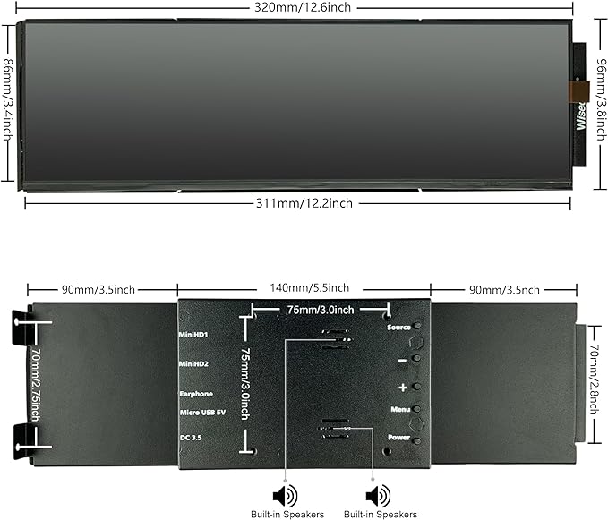 12.6 Inch Bar LCD Screen HDMI Display Monitor 1920x515 IPS DIY Kits Dual Built-in Speakers for Hyte Y60 Computer Gaming PC Case CPU GPU Secondary Monitor Easy Install Black