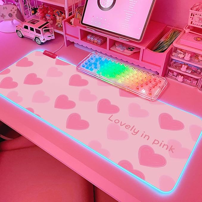 JMIYAV Pink RGB Gaming Mouse Pad 31.5x12 Inch PC XL Large Extended Glowing Led Light Up Desk Pad Non-Slip Rubber Base Computer Cute Mousepad Mat Desk Accessories Gaming Setup 996