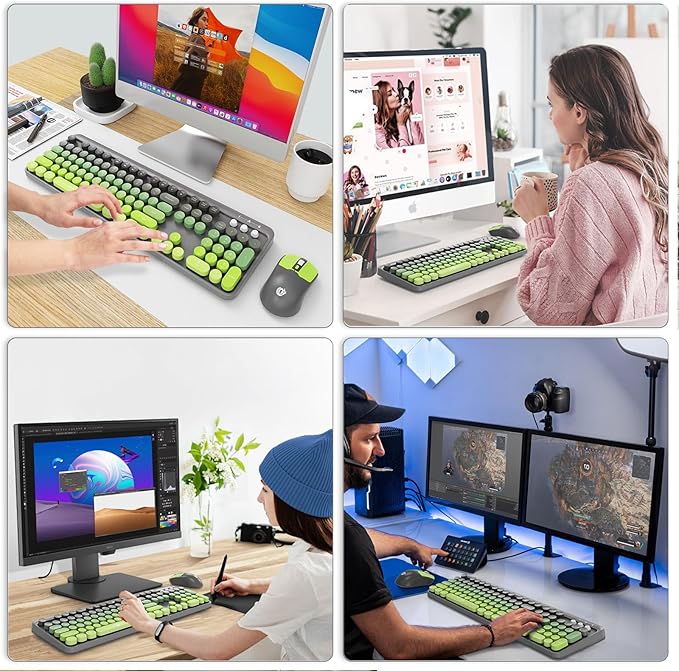 FOPETT Wireless Keyboard and Mouse Combo 104 Keys Full-Sized 2.4 GHz Round Keycap Colorful Keyboards USB Receiver Plug and Play for Windows Mac PC Laptop Desktop (GreyGreen)