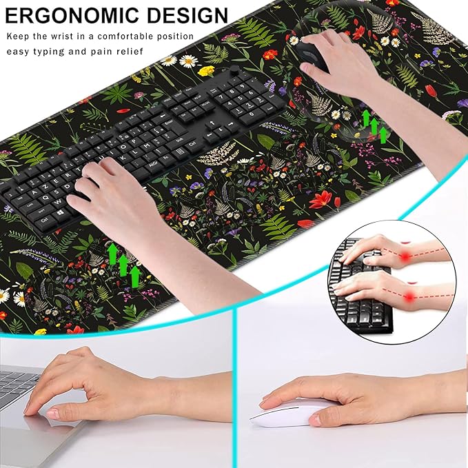 Mouse PadLarge Pink Desk Mat 4in1 XXL Mousepad + Keyboard Wrist Rest+Mouse Wrist Rest+Coaster Set with Ergonomic Desk Pad for Home Office Table Computer-Cute Flowers