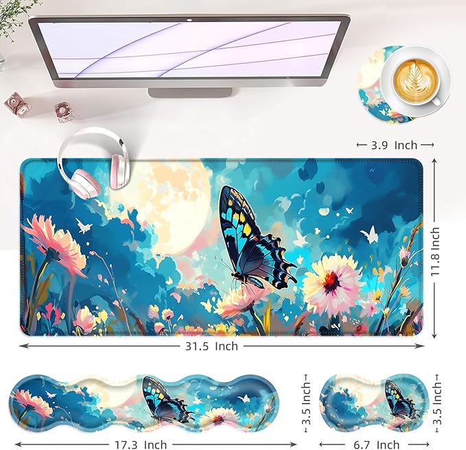 Large Keyboard Mouse Pad Set Extended Mouse Pad+Keyboard Wrist Rest Support Memory Foam Ergonomic Easy Typing 4Pcs (31.5×11.8 in) Desk Pad Set for Office HomeFlowers and Butterflies