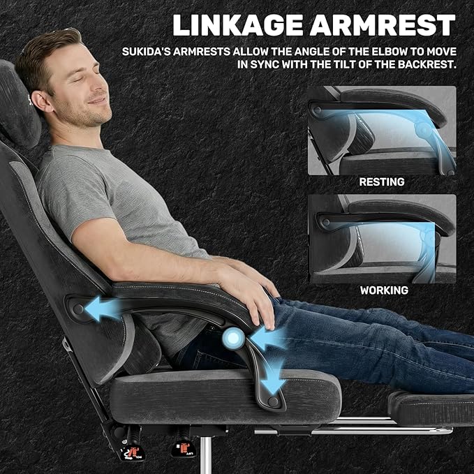 SUKIDA Fabric Video Gaming Chair Ergonomic High-Back Computer Game Chairs with Large Massage Adjustable Lumbar Support Headrest and Linked Armrests for Long Hours Sitting Task Chair Black