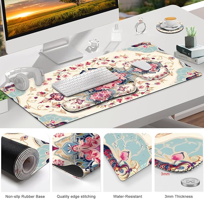Gaming Mouse Pad Large Desk Mat Cute Desk Pad Protector 4in1 XXL Mousepad + Keyboard Wrist Rest+Mouse Wrist Rest+Coaster Set with Ergonomic Desk Pad for Home Office Computer Retro Style Pattern