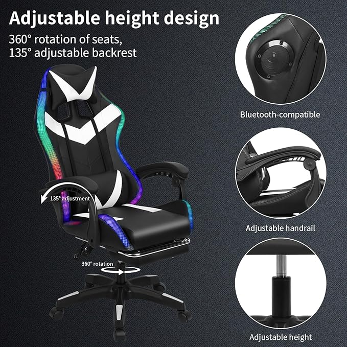 Gaming Chair with Bluetooth Speakers LED Light Adjustable Height Retractable Footrest &amp Massage Lumbar Support - Ergonomic Office Computer Chair for Adults Gamers Internet Cafe Home Black