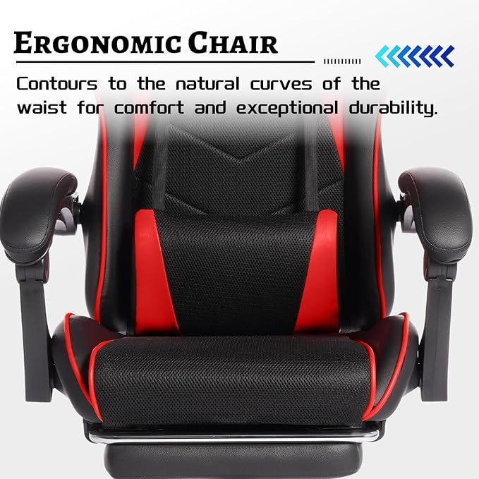 CZBZ E-Sports Gaming Chair with Massage Function Sports Car Style PU Leather Seat Ergonomic Headrest &amp Lumbar Support Foldable Footrest Red
